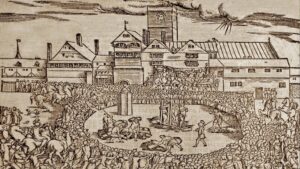 Woodcut of the burning of Anne Askew at Smithfield in 1546 in John Foxe’s Acts and Monuments, reproduced from Robert Crowley’s 1548 pamphlet The confutation of .xiii. articles, printed by or for Foxe’s printer, John Day. Nicholas Shaxton, Bishop of Salisbury, who had recanted and preached at Askew’s burning, is shown at the makeshift pulpit near the stake. The illustration closely follows John Bale’s description in the Examinations, including the thunderbolt in the clouds (image source: The Unabridged Acts and Monuments Online)