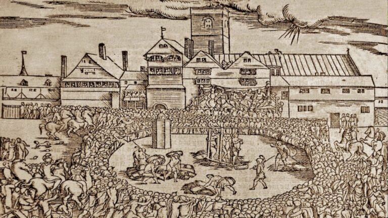 Woodcut of the burning of Anne Askew at Smithfield in 1546 in John Foxe’s Acts and Monuments, reproduced from Robert Crowley’s 1548 pamphlet The confutation of .xiii. articles, printed by or for Foxe’s printer, John Day. Nicholas Shaxton, Bishop of Salisbury, who had recanted and preached at Askew’s burning, is shown at the makeshift pulpit near the stake. The illustration closely follows John Bale’s description in the Examinations, including the thunderbolt in the clouds (image source: The Unabridged Acts and Monuments Online)